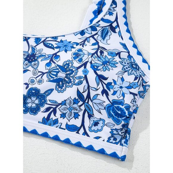 Women Blue White Ribbed High Waist Two Piece Bikini Set Padded Swimwear Summer - Picture 5 of 5